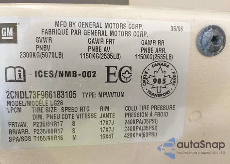 2006 Chevrolet Equinox Lt from USA, damaged, VIN 2CNDL73F966183105